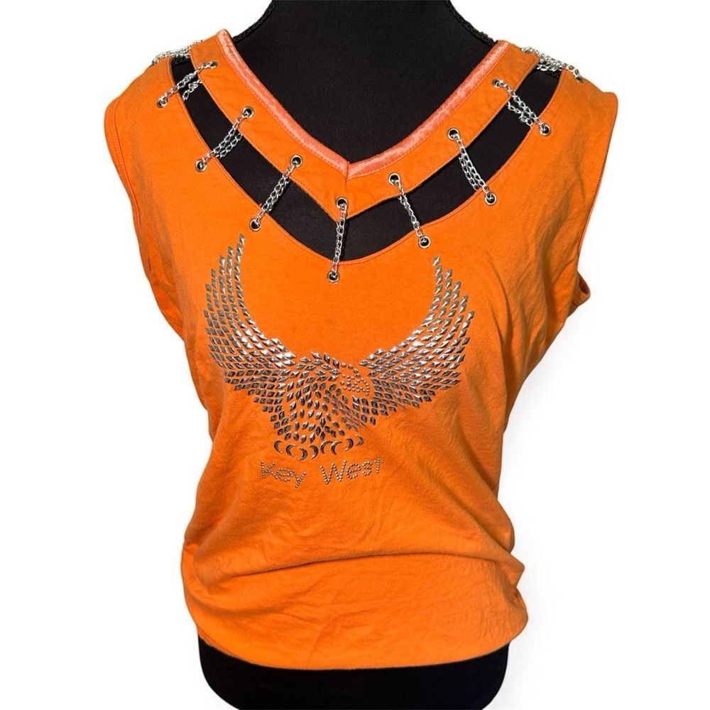 Bike Week Orange Embellished Muscle Tee with Cut Out Design